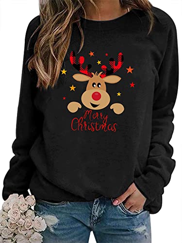 WIEIYM Sweatshirt Weihnachts Langarmshirt Druck Rundhals Pullover Partytop Herbst Winter Langarm BluseTops Stretchy Leichte Sweatshirts Basic Bequem Oberteil,Schwarz,S von WIEIYM