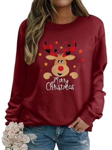 WIEIYM Sweatshirt Weihnachts Langarmshirt Druck Rundhals Pullover Partytop Herbst Winter Langarm BluseTops Stretchy Leichte Sweatshirts Basic Bequem Oberteil,Weinrot,XL von WIEIYM