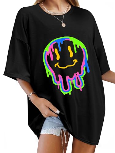 WIEIYM Tshirt Damen Oversized T-Shirt Rundhals Kurzarm Lose Top Sommer T-Shirts Tops Shirt Oberteile Frauen Gedruckt Lässig Oberteile Bluse,A1-Schwarz,L von WIEIYM