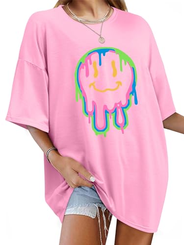 WIEIYM Tshirt Damen Oversized T-Shirt Rundhals Kurzarm Lose Top Sommer T-Shirts Tops Shirt Oberteile Frauen Gedruckt Lässig Oberteile Bluse,Aa-rosa,2XL von WIEIYM
