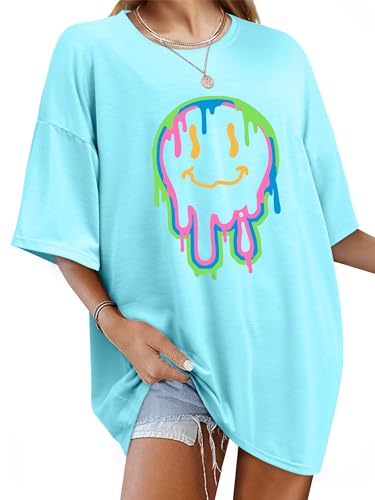 WIEIYM Tshirt Damen Oversized T-Shirt Rundhals Kurzarm Lose Top Sommer T-Shirts Tops Shirt Oberteile Frauen Gedruckt Lässig Oberteile Bluse,Himmelblau,2XL von WIEIYM