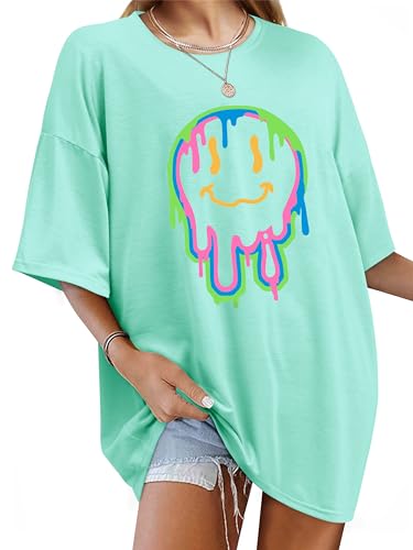 WIEIYM Tshirt Damen Oversized T-Shirt Rundhals Kurzarm Lose Top Sommer T-Shirts Tops Shirt Oberteile Frauen Gedruckt Lässig Oberteile Bluse,Aquamarin,L von WIEIYM