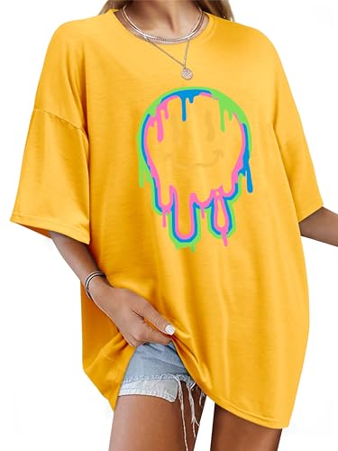 WIEIYM Tshirt Damen Oversized T-Shirt Rundhals Kurzarm Lose Top Sommer T-Shirts Tops Shirt Oberteile Frauen Gedruckt Lässig Oberteile Bluse,AAAA-Gelb,XXL von WIEIYM