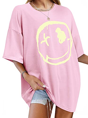 WIEIYM Tshirt Damen Rundhals Kurzarm Oversize Bedrucken T-Shirt Kausale Breite Schulter T-Shirt Damen Sommer Oberteile Sweatshirt Tops,Rosa,XL von WIEIYM