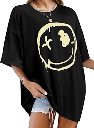 WIEIYM Tshirt Damen Rundhals Kurzarm Oversize Bedrucken T-Shirt Kausale Breite Schulter T-Shirt Damen Sommer Oberteile Sweatshirt Tops,Schwarz,XL von WIEIYM