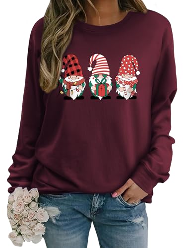 WIEIYM Weihnachtspullover Damen Damen Sweatshirt Langarmshirt Weihnachtsbaum Druck Rundhals Langarm Pullover Herbst Winter Weihnacht Casual Christmas Sweat Oberteile,G-Wine Red,XXL von WIEIYM