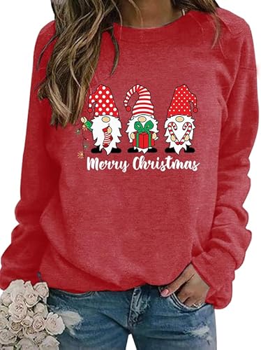WIEIYM Weihnachtspullover Damen Damen Sweatshirt Langarmshirt Weihnachtsbaum Druck Rundhals Langarm Pullover Herbst Winter Weihnacht Casual Christmas Sweat Oberteile,Wassermelonenrot,L von WIEIYM