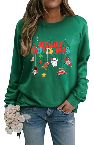 WIEIYM Weihnachtspullover Damen Sweatshirt Langarmshirt Rundhals Langarm Pullover Herbst Winter Weihnachtsbaum Druck Weihnacht Casual Christmas Sweat Oberteile,D-Dark Green,XXL von WIEIYM