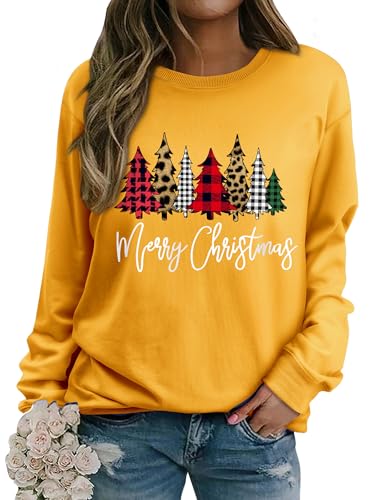 WIEIYM Weihnachtspullover Damen Sweatshirt Weihnachtsbaum Druck Rundhals Langarm Weihnacht Pullover Casual Christmas Sweat Oberteile,Gelb,XL von WIEIYM