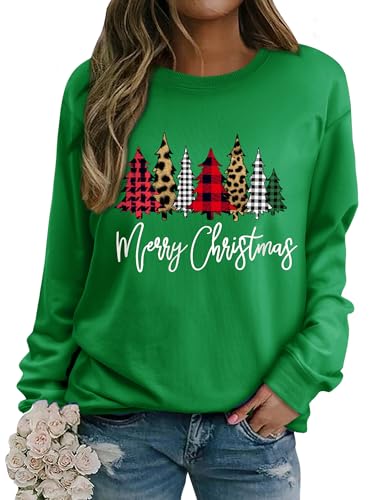 WIEIYM Weihnachtspullover Damen Sweatshirt Weihnachtsbaum Druck Rundhals Langarm Weihnacht Pullover Casual Christmas Sweat Oberteile,Grasgrün,XXL von WIEIYM