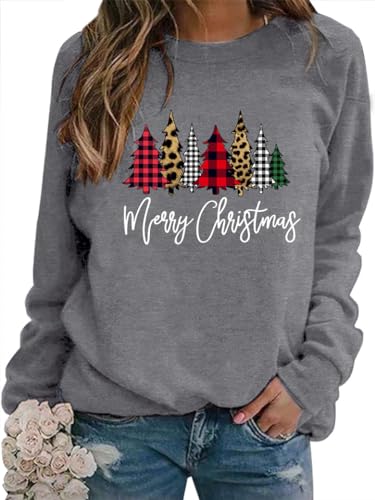 WIEIYM Weihnachtspullover Damen Sweatshirt Weihnachtsbaum Druck Rundhals Langarm Weihnacht Pullover Casual Christmas Sweat Oberteile,Grau,M von WIEIYM