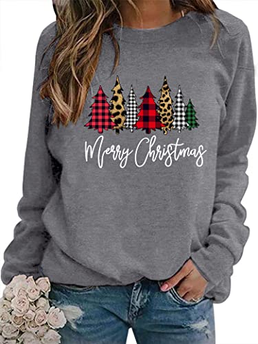 WIEIYM Weihnachtspullover Damen Sweatshirt Weihnachtsbaum Druck Rundhals Langarm Weihnacht Pullover Casual Christmas Sweat Oberteile,Grau,XL von WIEIYM