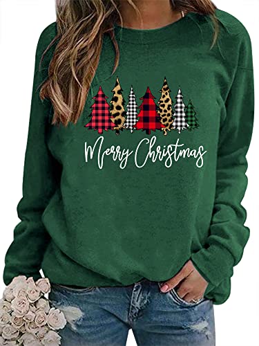 WIEIYM Weihnachtspullover Damen Sweatshirt Weihnachtsbaum Druck Rundhals Langarm Weihnacht Pullover Casual Christmas Sweat Oberteile,Grun,S von WIEIYM