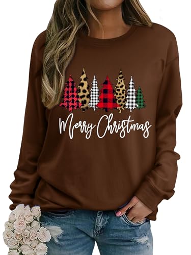 WIEIYM Weihnachtspullover Damen Sweatshirt Weihnachtsbaum Druck Rundhals Langarm Weihnacht Pullover Casual Christmas Sweat Oberteile,Kaffee,S von WIEIYM