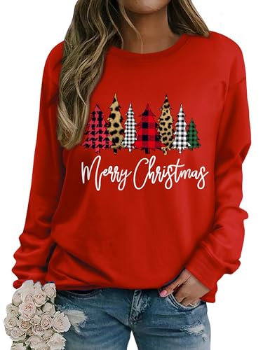 WIEIYM Weihnachtspullover Damen Sweatshirt Weihnachtsbaum Druck Rundhals Langarm Weihnacht Pullover Casual Christmas Sweat Oberteile,Rot,XXL von WIEIYM