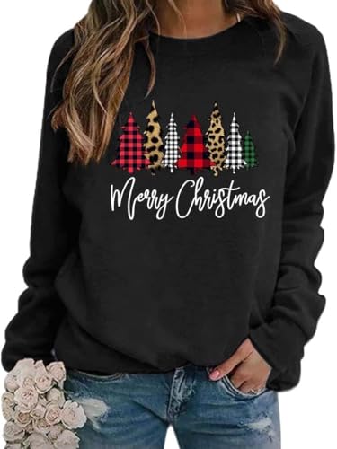 WIEIYM Weihnachtspullover Damen Sweatshirt Weihnachtsbaum Druck Rundhals Langarm Weihnacht Pullover Casual Christmas Sweat Oberteile,Schwarz,L von WIEIYM
