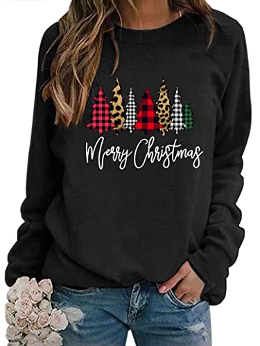 WIEIYM Weihnachtspullover Damen Sweatshirt Weihnachtsbaum Druck Rundhals Langarm Weihnacht Pullover Casual Christmas Sweat Oberteile,Schwarz,L von WIEIYM