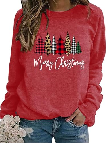 WIEIYM Weihnachtspullover Damen Sweatshirt Weihnachtsbaum Druck Rundhals Langarm Weihnacht Pullover Casual Christmas Sweat Oberteile,Wassermelonenrot,S von WIEIYM