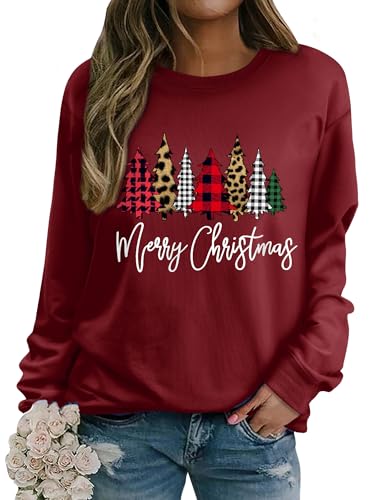 WIEIYM Weihnachtspullover Damen Sweatshirt Weihnachtsbaum Druck Rundhals Langarm Weihnacht Pullover Casual Christmas Sweat Oberteile,Weinrot,S von WIEIYM