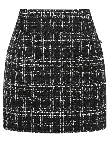 WIFFGO Damen Karierter Rock 2025 Herbstkleid Winter hohe Taille Mini Wolle figurbetonter Bleistift A-Linie Kleider Outifts, F: Tweed, Schwarz, Mittel von WIFFGO
