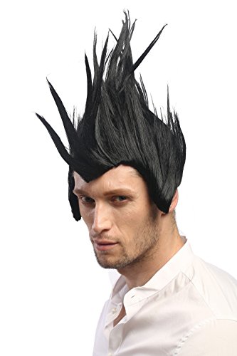 WIG ME UP - 2625-P103 Perücke Herren Damen Karneval Cosplay Rockabilly wilder Punk Iro Koteletten Schwarz von WIG ME UP