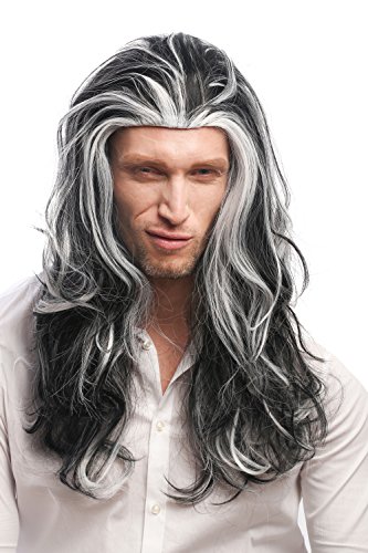 WIG ME UP - 29938B-ZA103-ZA60 Perücke Herren Damen Karneval Halloween lange Mähne Schwarz-Weiß-Mix Grau Gesträhnt Dunkler Vampir Fürst Dracula 55 cm von WIG ME UP