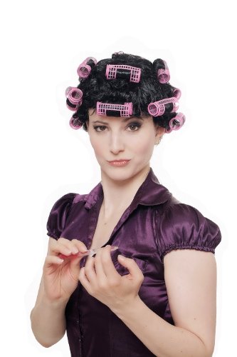 WIG ME UP - 4204-P103 Fasching Karneval Halloween Perücke Damenperücke Hausfrau Lockenwickler schwarz Trashy Drag Queen von WIG ME UP