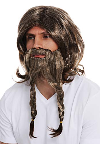 WIG ME UP - 70774-FR612-6 Perücke Bart Karneval Halloween Herren Wikinger Germane Barbar Gallier braun geflochten von WIG ME UP