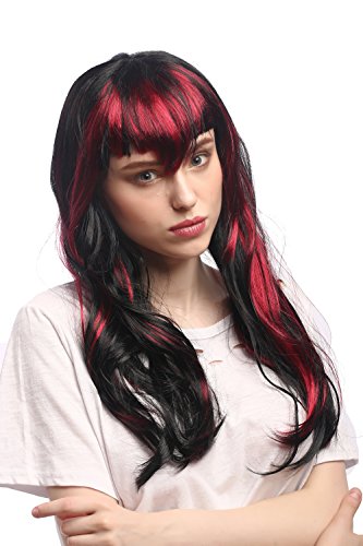 WIG ME UP - 90771-ZA103-ZA13 Perücke Damen Karneval Halloween Pony Schwarz Rot Strähnen böse Fee Hexe Goth Vampirin Dämonin Zauberin von WIG ME UP