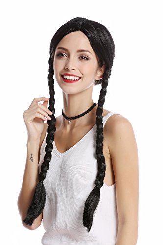 WIG ME UP - 90835-ZA103 Perücke Damen Halloween Karneval schwarz lange geflochtene Zöpfe Mittelscheitel Lolita Schulmädchen von WIG ME UP