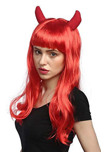 WIG ME UP - 90897-ZA13 Perücke Damen Karneval Halloween Lang Rot Hörner Horns Teufelin Pin-Up She-Devil Pony Retro Rockabilly 50 cm von WIG ME UP