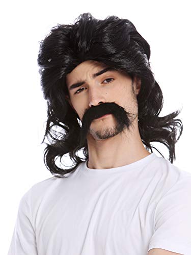 WIG ME UP - 91098-ZA103 Perücke Bart Herren Schnauzbart lang Gallier Germane Barde Proll Prolet 70er Jahre Vokuhila Schwarz von WIG ME UP