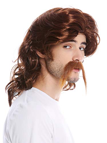 WIG ME UP - 91098-ZA33 Perücke Bart Herren Schnauzbart lang Gallier Germane Barde Proll Prolet 70er Jahre Vokuhila Rotbraun Braun von WIG ME UP