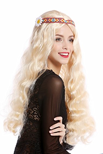 WIG ME UP - 91298-ZA02 Perücke Damen Herren Karneval Halloween Blumenkind Hippie 60er 70er lang blond wellig Mittelscheitel Stirnband Blume von WIG ME UP