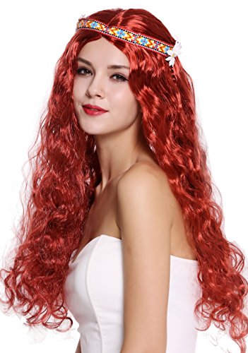 WIG ME UP - 91298-ZA350 Perücke Damen Herren Karneval Halloween Blumenkind Hippie 60er 70er lang rot wellig Mittelscheitel Stirnband Blume von WIG ME UP