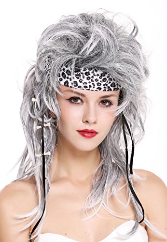 WIG ME UP - 91530 Perücke mit Stirnband Damen Herren wild Urmensch Steinzeit 80er Jahre Rock Star Grau Schwarz Mix **Erwachsene** von WIG ME UP