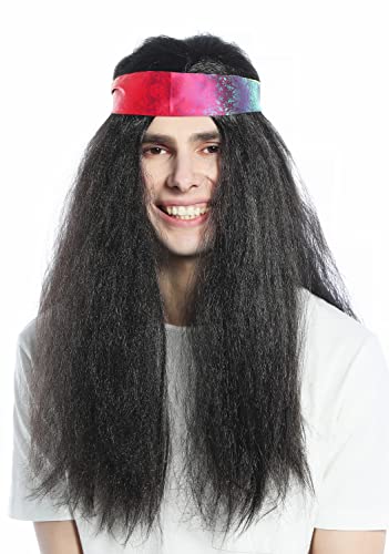 WIG ME UP - CW-028-P1 Perücke Stirnband Karneval Fasching lang schwarz Hippie 70er von WIG ME UP