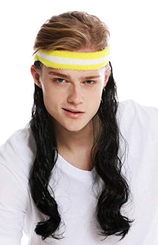 WIG ME UP - CXH-014-P103 Halbe Perücke Stirnband und lange Haare Vokuhila Proll 80er Tennisspieler Schwarz von WIG ME UP