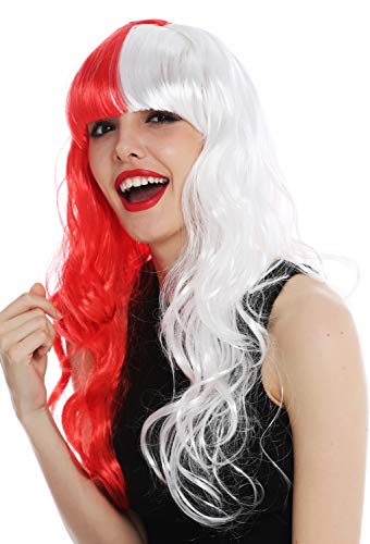 WIG ME UP - DEC118 Perücke Damenperücke Halloween Karneval lang Pony rot weiß halbiert Häften von WIG ME UP