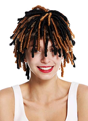 WIG ME UP - DH1110 Perücke Damen Herren Karneval Spirallocken Afrolocken kurz voluminös Afro Karibik Rasta Dreads schwarz braune Highlights von WIG ME UP