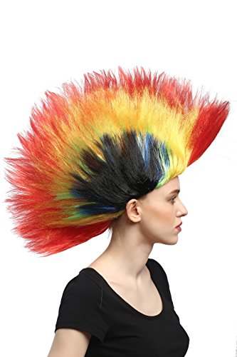 WIG ME UP - DH1159-PC13/PC2B/PC15/PC3/P103 Perücke Fasching Karneval Halloween bunter Iro 80er Wave Punk Glam Mohawk Rot-Gelb-Grün-Blau-Schwarz von WIG ME UP
