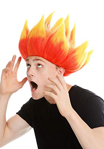 WIG ME UP - LM-19-PC13TPC2B Perücke Damen Herren Karneval hochtoupiert Dämon Teufel Troll Feuer Blume Rot Gelb von WIG ME UP