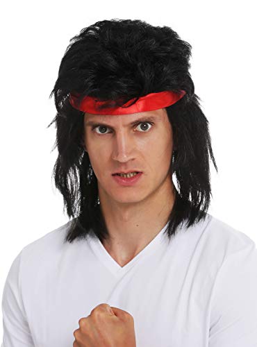 WIG ME UP - SARL001-P103 Perücke Stirnband Karneval Herren lang schwarz Vokuhila 80s Action-Star Kämpfer Kung-Fu von WIG ME UP