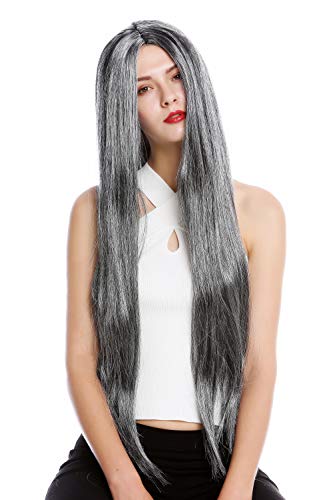 WIG ME UP - TH46-P103MP68 Perücke Damen Halloween Karneval sehr lang glatt Mittelscheitel Schwarz Grau Meliert von WIG ME UP