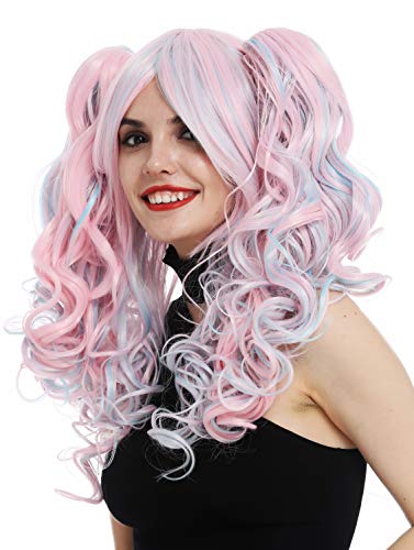 WIG ME UP - TYS-295+298 Damenperücke Perücke Frauen Cosplay lockig 2 abnehmbare Zöpfe Gothic Lolita Rosa Pink Blau Mix 60 cm lang von WIG ME UP