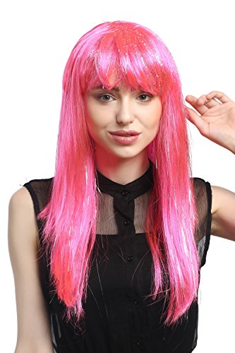 WIG ME UP - XR-003-PC5 Perücke Karneval Fasching Damenlang glatt Pony Rosa Pink + silberne Glitter Strähnen ca. 55 cm von WIG ME UP