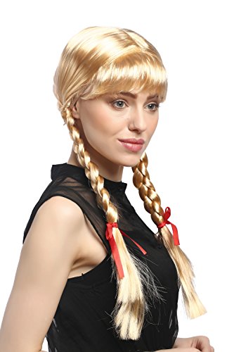 WIG ME UP - XR-008-P02 Perücke Damen Karnveval Fasching Cosplay Zöpfe geflochten mit Schleifen Pony Schulmädchen Lolita Blond Goldblond ca. 60 cm von WIG ME UP