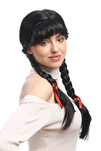 WIG ME UP - XR-008-P103 Perücke Damen Karnveval Fasching Cosplay Zöpfe geflochten mit Schleifen Pony Schulmädchen Lolita Schwarz ca. 60 cm von WIG ME UP