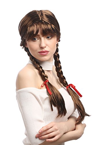 WIG ME UP - XR-008-P6 Perücke Damen Karnveval Fasching Cosplay Zöpfe geflochten mit Schleifen Pony Schulmädchen Lolita Braun ca. 60 cm von WIG ME UP