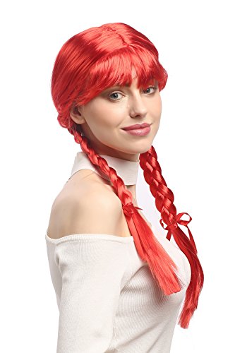 WIG ME UP - XR-008-PC13 Perücke Damen Karnveval Fasching Cosplay Zöpfe geflochten mit Schleifen Pony Schulmädchen Lolita Rot ca. 60 cm von WIG ME UP